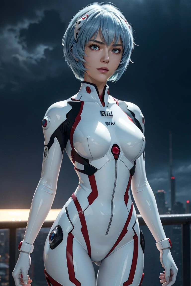 Evangelion,Rei Ayanami,Silver Blue Hair,Red eyes,Red Eyes,Plug Suit,Bodysuits,Interface Headset,白いBodysuits,Ultra HD,super high quality,masterpiece,Digital SLR,Photorealistic,Detailed details,Vivid details,Depicted in detail,A detailed face,Detailed details,Super Detail,Realistic skin texture,Anatomical basis,Perfect Anatomy,Anatomically correct hand,Anatomically correct fingers,Complex 3D rendering,Sexy pose,Rainy Sky,Beautiful scenery,Fantastic rainy sky,Picturesque,Pink Lips,