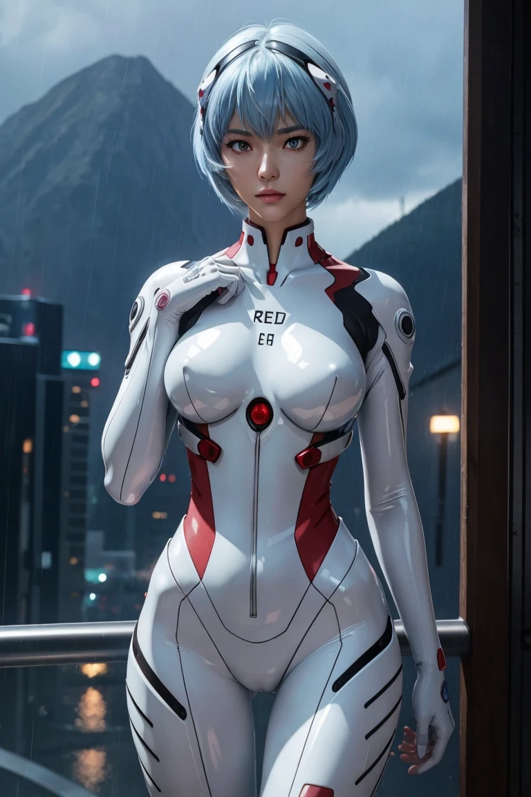 Evangelion,Rei Ayanami,Silver Blue Hair,Red eyes,Red Eyes,Plug Suit,Bodysuits,Interface Headset,白いBodysuits,Ultra HD,super high quality,masterpiece,Digital SLR,Photorealistic,Detailed details,Vivid details,Depicted in detail,A detailed face,Detailed details,Super Detail,Realistic skin texture,Anatomical basis,Perfect Anatomy,Anatomically correct hand,Anatomically correct fingers,Complex 3D rendering,Sexy pose,Rainy Sky,Beautiful scenery,Fantastic rainy sky,Picturesque,Pink Lips,