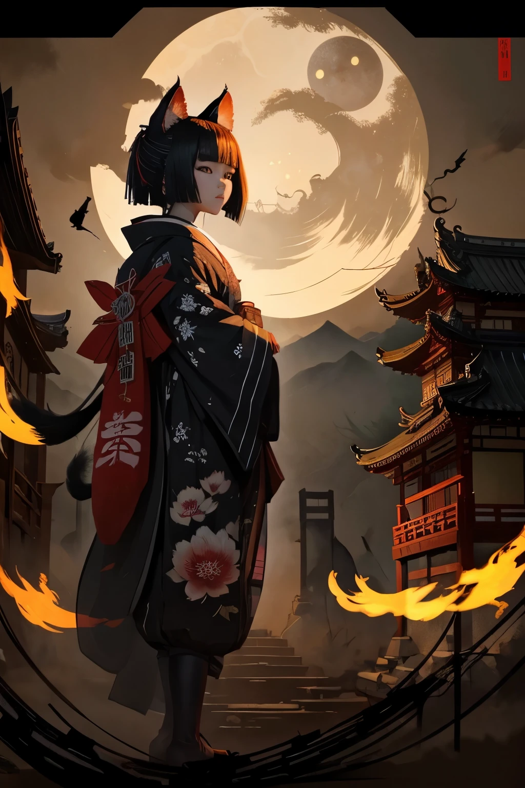 (Highest quality:1.3)。Nocturnal ghosts。Cat disguised as a human。kimono。Has two tails。Intimidating the viewer。The background is a ruined temple in the moonlight.。