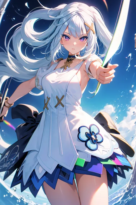 (masterpiece, best quality, chromatic aberration), colorful, 1girl, white hair, purple eyes, bow and arrow, wielding bow, archer...