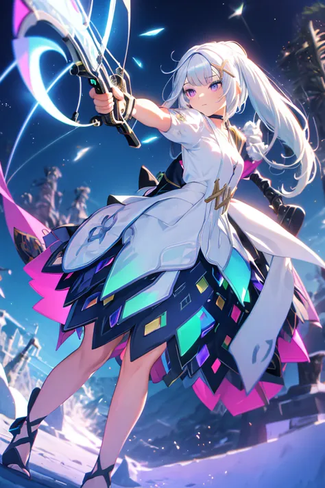 (masterpiece, best quality, chromatic aberration), colorful, 1girl, white hair, purple eyes, bow and arrow, wielding bow, archer...