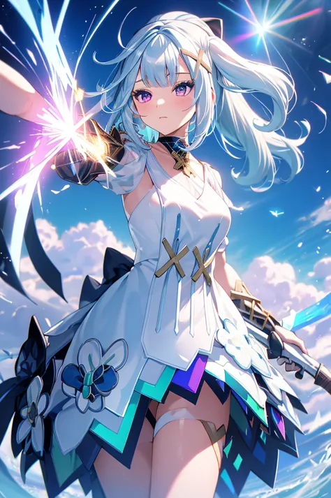 (masterpiece, best quality, chromatic aberration), colorful, 1girl, white hair, purple eyes, bow and arrow, wielding bow, archer...