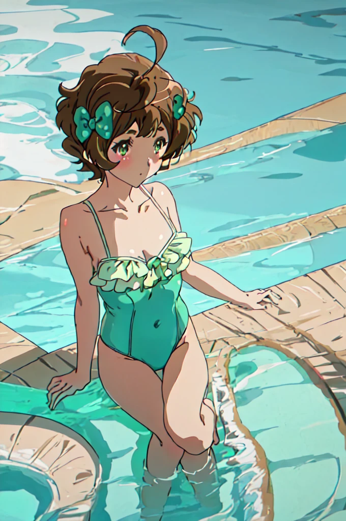 Highest quality, masterpiece, High resolution, alone, {Kawashima_sapphire_Sound Euphonium:1.15}, short_hair, brown_hair, blush, bow, hair_bow, Seraphim, green_eye, green_bow, Ahoge, polka_Dot, brown_eye, One girl, one piece_Swimwear, Swimwear