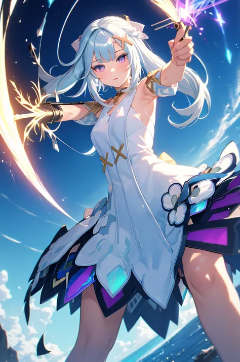 (masterpiece, best quality, chromatic aberration), colorful, 1girl, white hair, purple eyes, bow and arrow, wielding bow, archer...