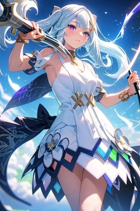(masterpiece, best quality, chromatic aberration), colorful, 1girl, white hair, purple eyes, bow and arrow, wielding bow, archer...