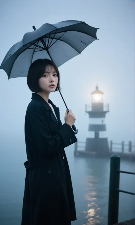 beautiful korean girl, short medium hair,  black rain cord, 멀리 fog속 lighthouse, cool,rain,blur,fog,middle,cool,boring,,pier,only...