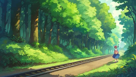 score_9, score_8_up, score_7_up, score_6_up, source anime,
a girl standing on a train track, tree, nature, forest, bush, grass, ...