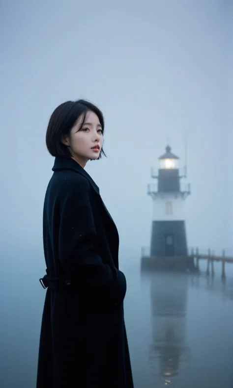 beautiful korean girl, short medium hair, black coat, 멀리 fog속 lighthouse, cool,rain,blur,fog,middle,cool,boring,,pier,only,light...