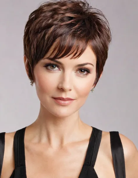 Beautiful Pixie cut with choppy layers on woman in her 40s. woman should be attractive