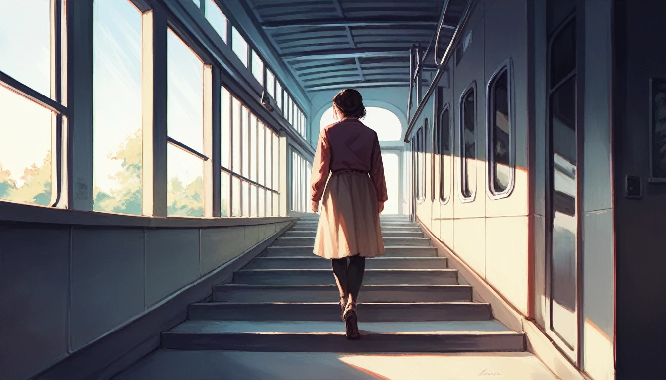 masterpiece,best quality,ultra detailed,(1girl:1.2),girl walking down subway stairs, back angle shot, dramatic lighting,female focus, centered, photoreal painting background
