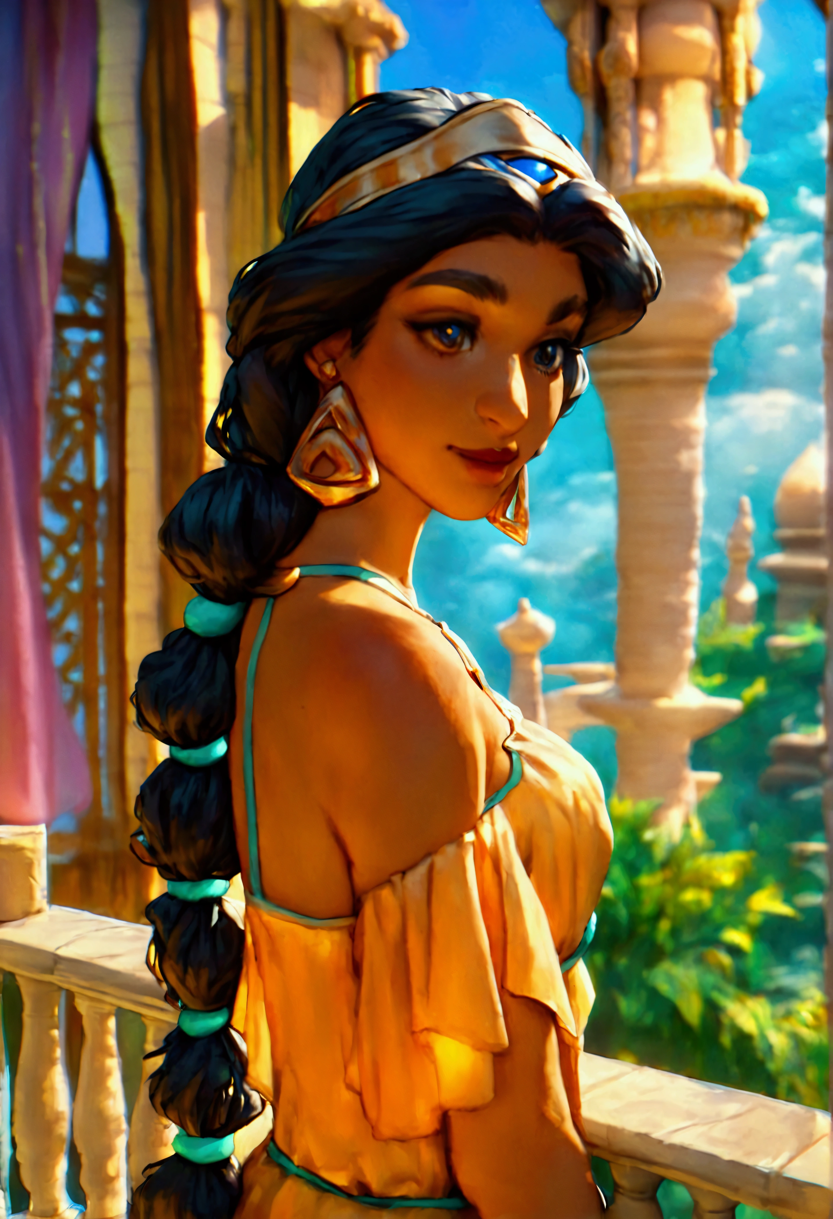 score_9, score_8_up, score_7_up, (solo close-up of Princess Jasmine:1.5) in (dynamic pose:1.0) on balcony of (Arabian palace:1.2), dark-skinned beauty, perfect face, ornate columns, starlit romantic sky, (architecture with intricate design and verdant vegetation), bright colors, (cartoon artstyle with bold lines:1.3), (warm ambient:1.2), rating_safe.