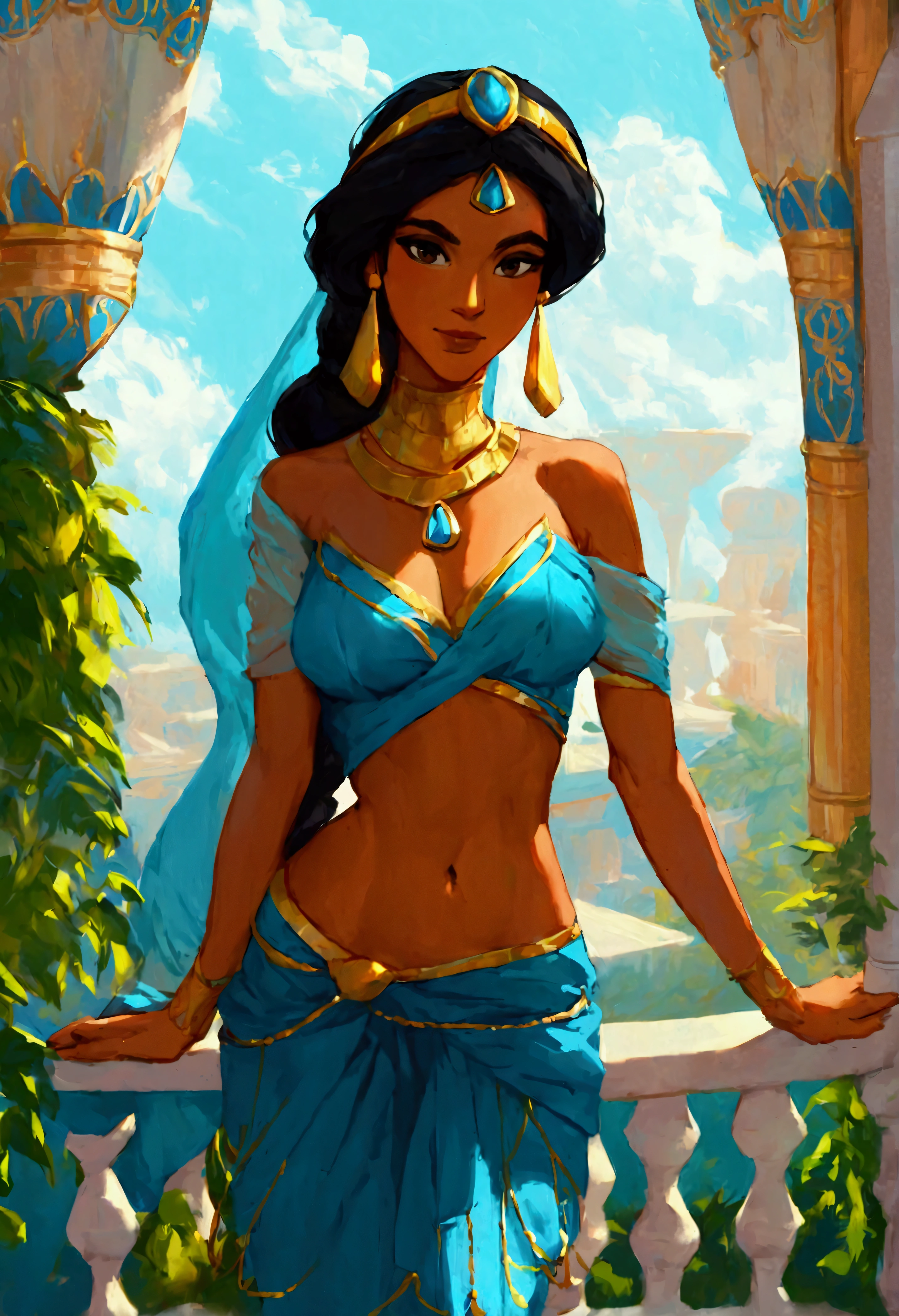 score_9, score_8_up, score_7_up, (solo close-up of Princess Jasmine:1.5) in (dynamic pose:1.0) on balcony of (Arabian palace:1.2), dark-skinned beauty, perfect face, ornate columns, starlit romantic sky, (architecture with intricate design and verdant vegetation), bright colors, (cartoon artstyle with bold lines:1.3), (warm ambient:1.2), rating_safe.