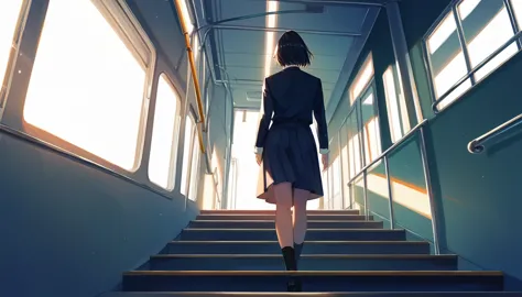 masterpiece,best quality,ultra detailed,(1girl:1.2),girl walking down subway stairs, back angle shot, dramatic lighting,female f...