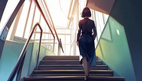 masterpiece,best quality,ultra detailed,(1girl:1.2),girl walking down subway stairs, back angle shot, dramatic lighting,female f...