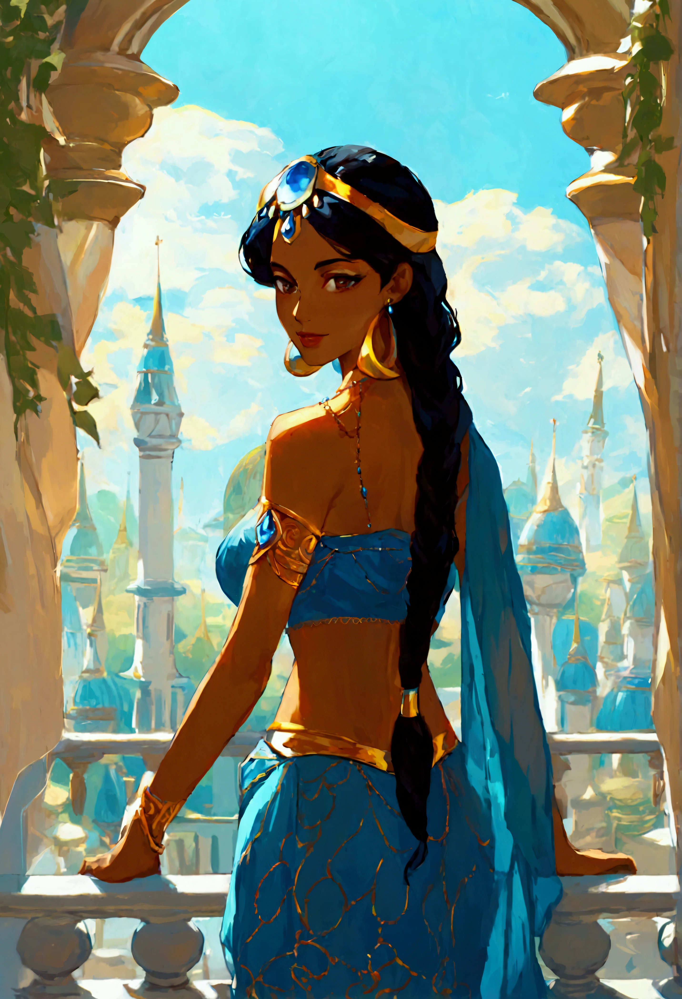 score_9, score_8_up, score_7_up, (solo close-up of Princess Jasmine:1.5) in (dynamic pose:1.0) on balcony of (Arabian palace:1.2), dark-skinned beauty, perfect face, ornate columns, starlit romantic sky, (architecture with intricate design and verdant vegetation), bright colors, (cartoon artstyle with bold lines:1.3), (warm ambient:1.2), rating_safe.