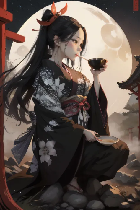 (highest quality:1.3)。nocturnal ghosts。one woman。a demon drinking sake from a large cup。kimono。long black hair。cow horn。the back...