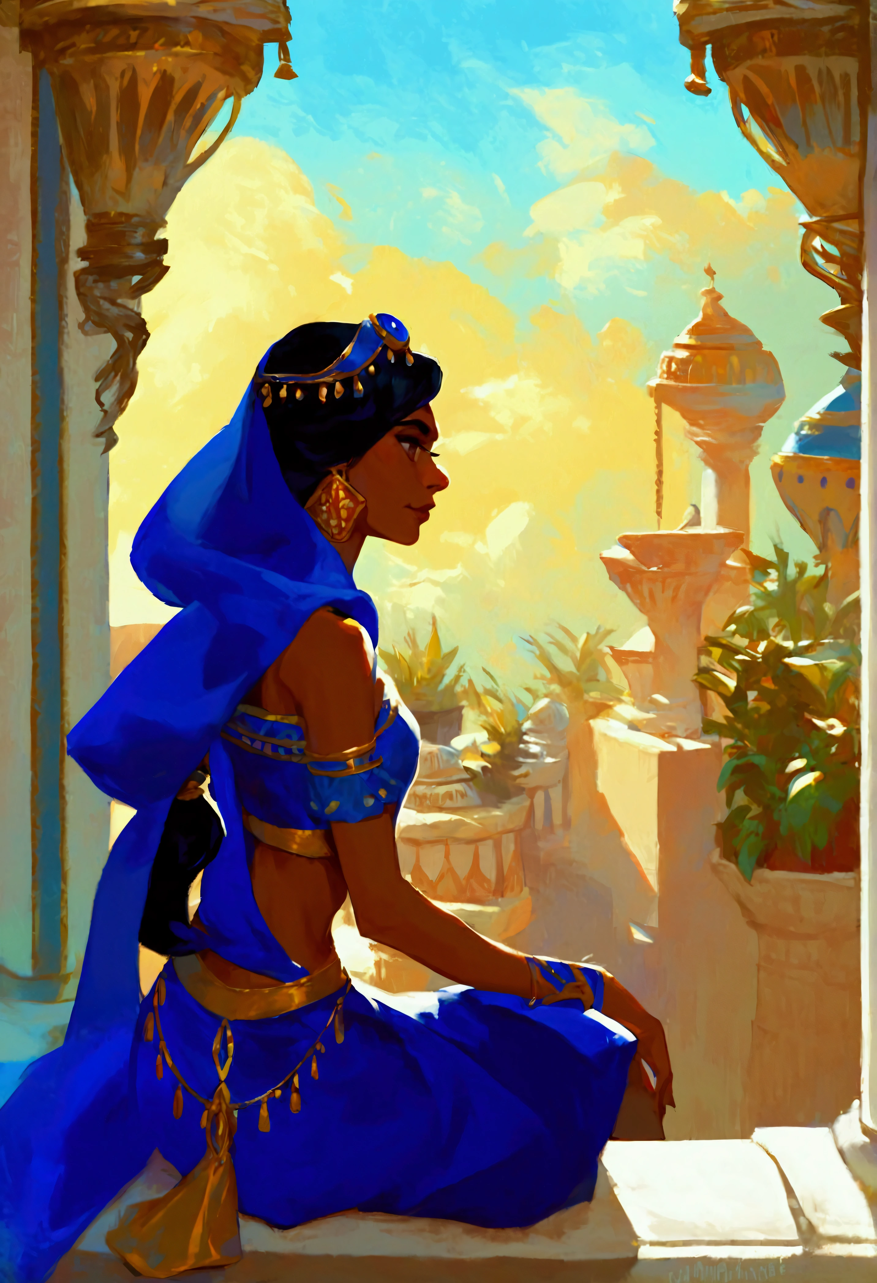 score_9, score_8_up, score_7_up, (solo close-up of Princess Jasmine:1.5) in (dynamic pose:1.0) on balcony of (Arabian palace:1.2), dark-skinned beauty, perfect face, ornate columns, starlit romantic sky, (architecture with intricate design and verdant vegetation), bright colors, (cartoon artstyle with bold lines:1.3), (warm ambient:1.2), rating_safe.