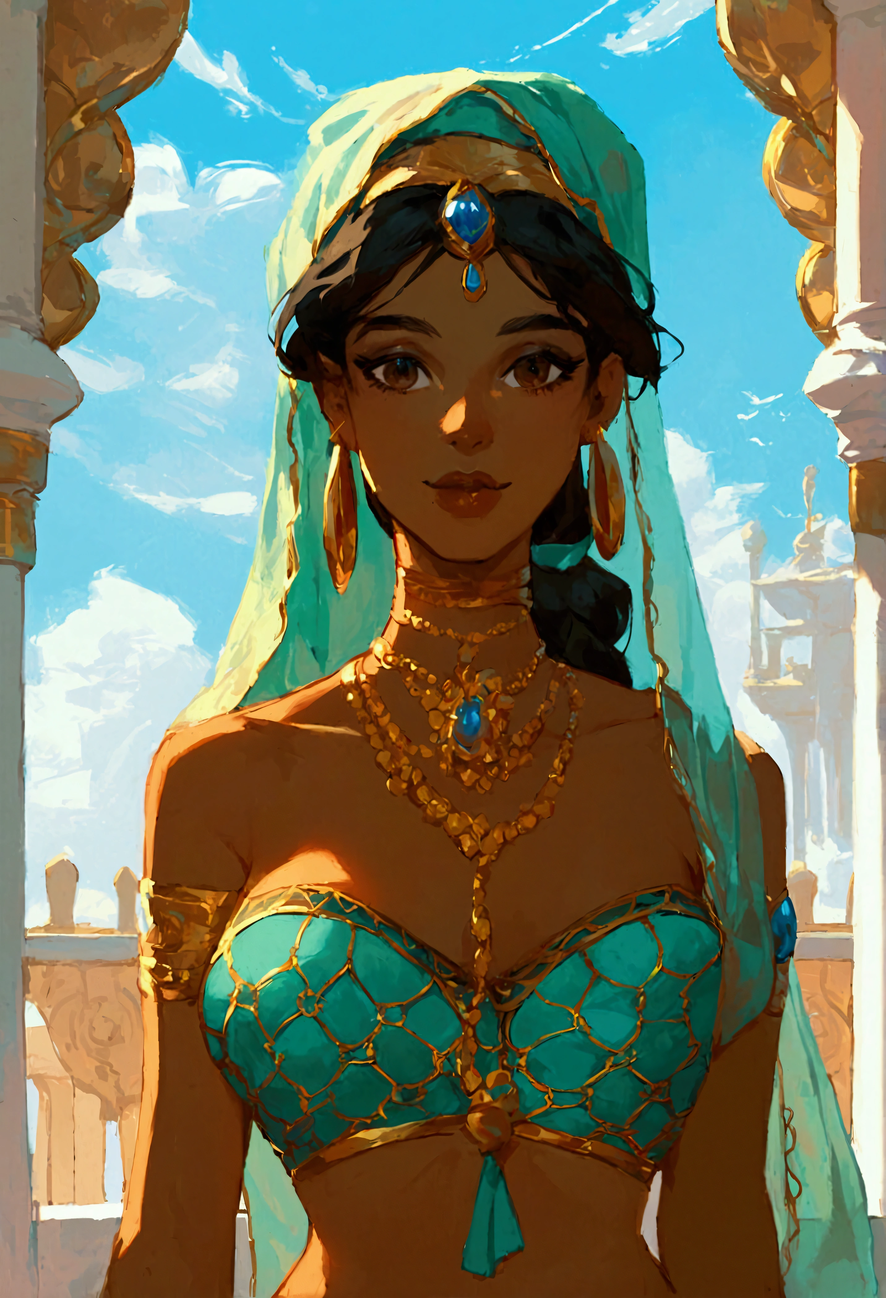 score_9, score_8_up, score_7_up, (solo close-up of Princess Jasmine:1.5) in (dynamic pose:1.0) on balcony of (Arabian palace:1.2), dark-skinned beauty, perfect face, ornate columns, starlit romantic sky, (architecture with intricate design and verdant vegetation), bright colors, (cartoon artstyle with bold lines:1.3), (warm ambient:1.2), rating_safe.