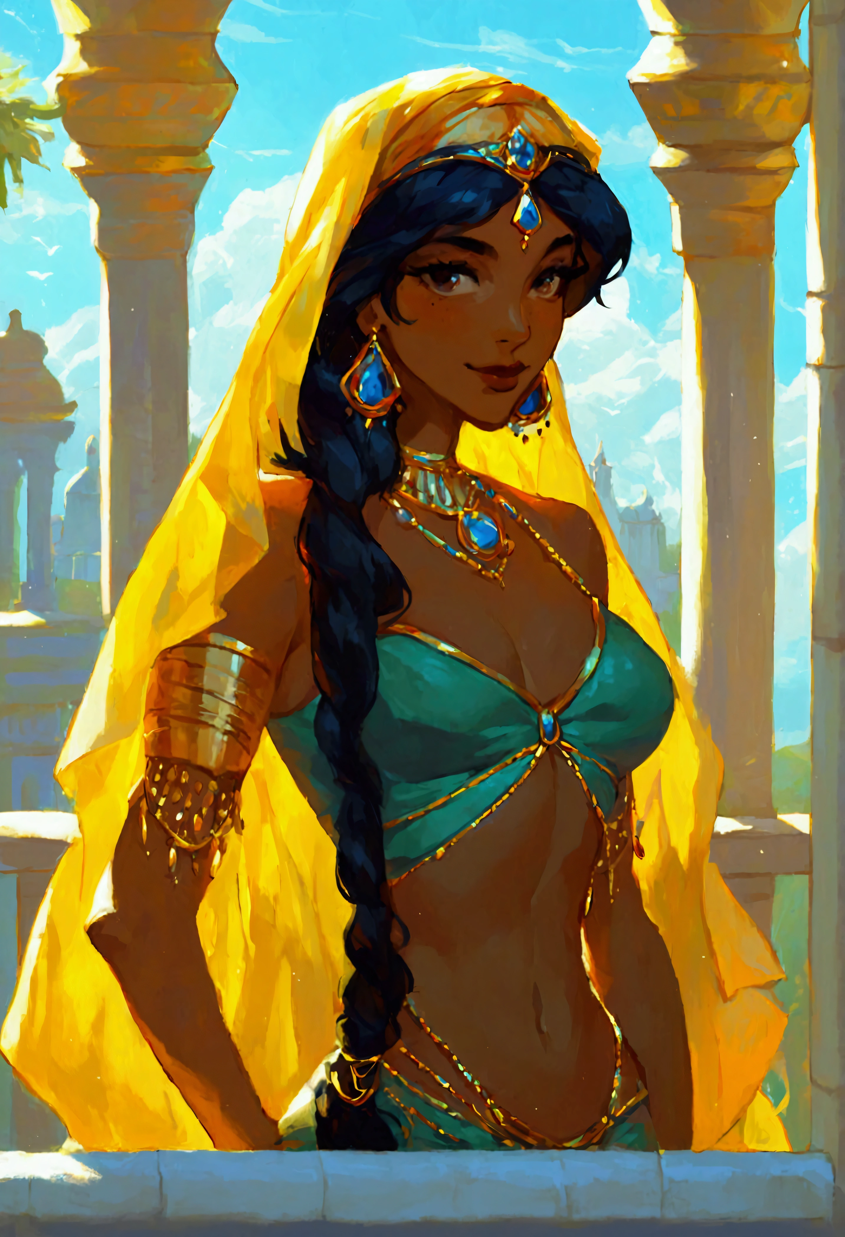 score_9, score_8_up, score_7_up, (solo close-up of Princess Jasmine:1.5) in (dynamic pose:1.0) on balcony of (Arabian palace:1.2), dark-skinned beauty, perfect face, ornate columns, starlit romantic sky, (architecture with intricate design and verdant vegetation), bright colors, (cartoon artstyle with bold lines:1.3), (warm ambient:1.2), rating_safe.