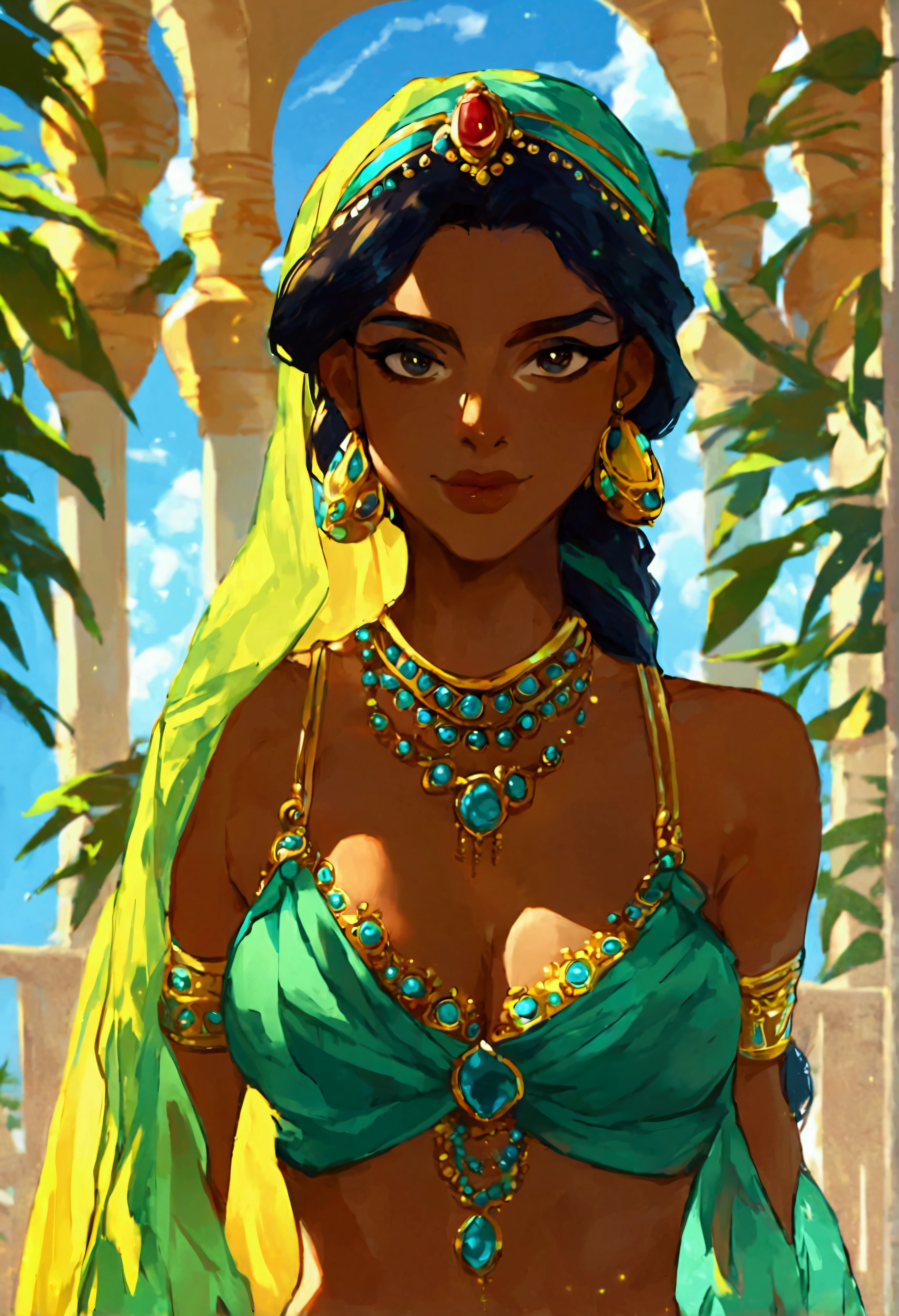 score_9, score_8_up, score_7_up, (solo close-up of Princess Jasmine:1.5) in (dynamic pose:1.0) on balcony of (Arabian palace:1.2), dark-skinned beauty, perfect face, ornate columns, starlit romantic sky, (architecture with intricate design and verdant vegetation), bright colors, (cartoon artstyle with bold lines:1.3), (warm ambient:1.2), rating_safe.