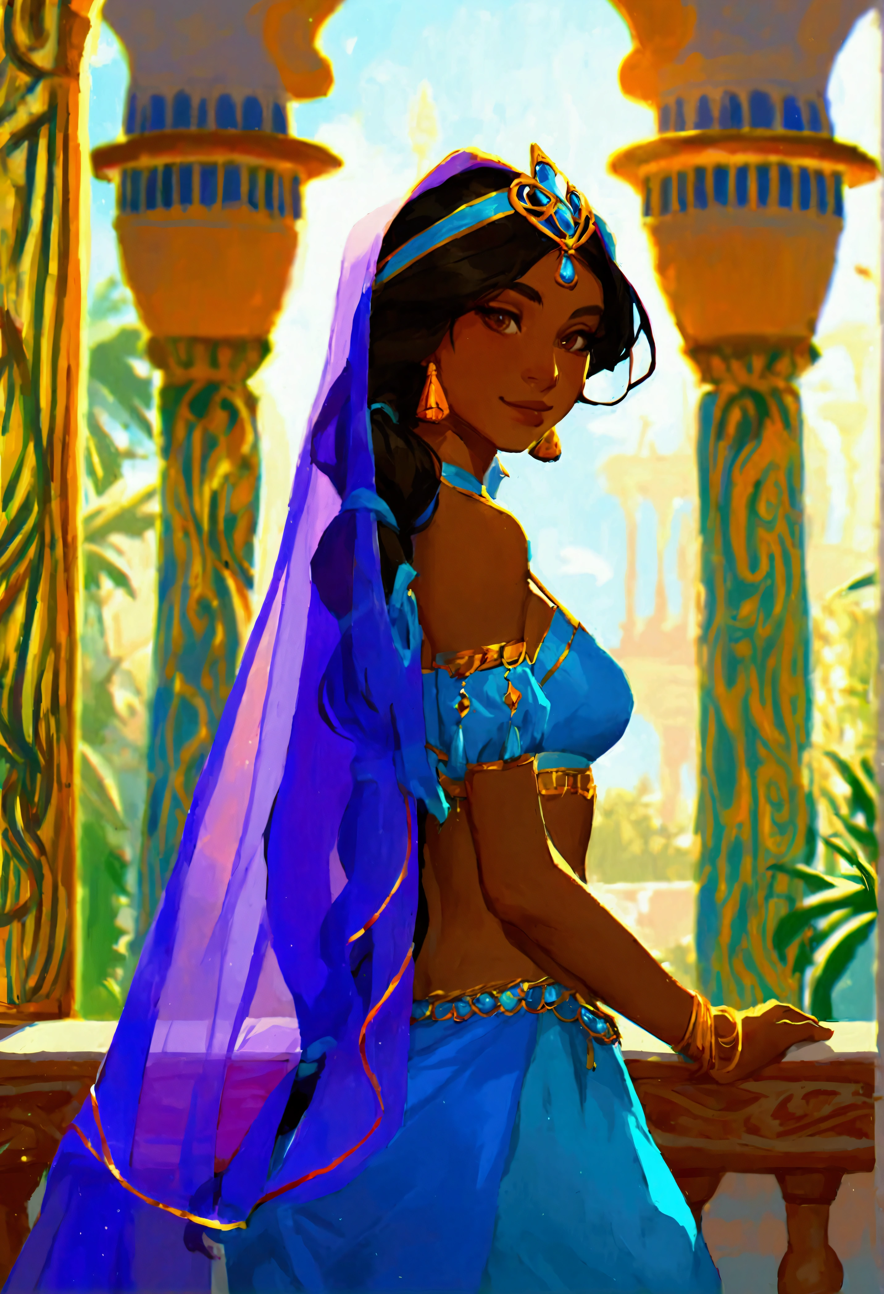 score_9, score_8_up, score_7_up, (solo close-up of Princess Jasmine:1.5) in (dynamic pose:1.0) on balcony of (Arabian palace:1.2), dark-skinned beauty, perfect face, ornate columns, starlit romantic sky, (architecture with intricate design and verdant vegetation), bright colors, (cartoon artstyle with bold lines:1.3), (warm ambient:1.2), rating_safe.