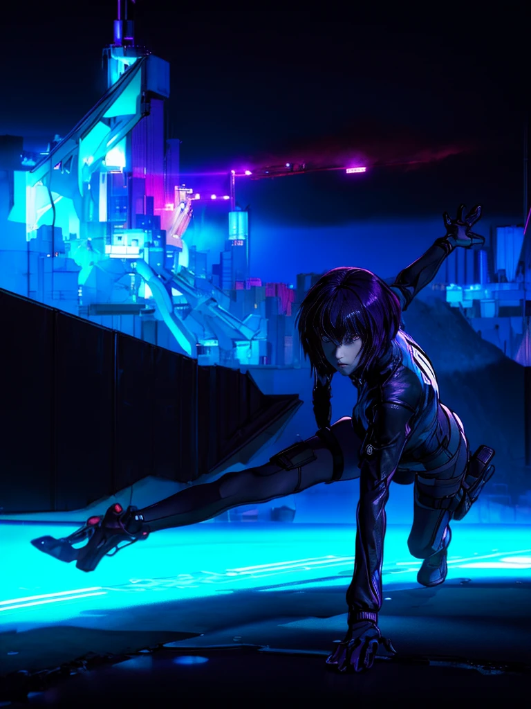 Fondo de ciudad de noche brillante、neón、Enfoque en el personaje desde el frente、Absurdo, de la máxima calidad, Una chica, alone, Ver a tus espectadores, Enfoque ocular, motoko_kusanagi, chaqueta negra