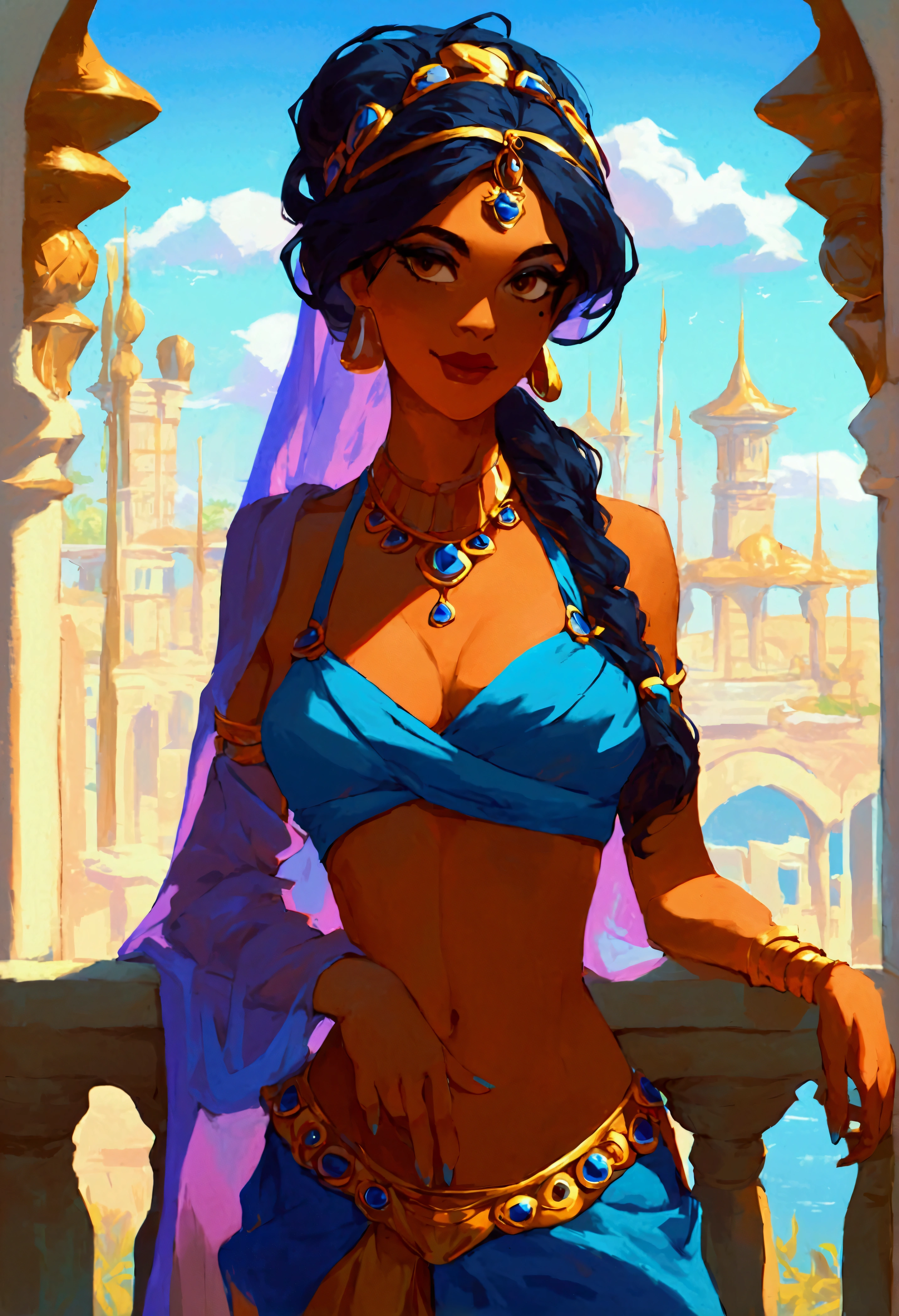 score_9, score_8_up, score_7_up, (solo close-up of Princess Jasmine:1.5) in (dynamic pose:1.0) on balcony of (Arabian palace:1.2), dark-skinned beauty, perfect face, ornate columns, starlit romantic sky, (architecture with intricate design and verdant vegetation), bright colors, (cartoon artstyle with bold lines:1.3), (warm ambient:1.2), rating_safe.