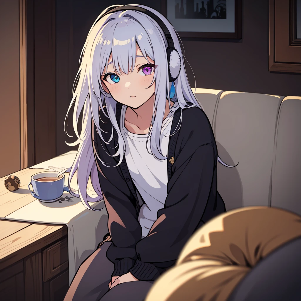 Men with colorful heterochromia, Sharply detailed blue and purple eyes, Silvery white hair, Wearing a white shirt, Black cardigan, pants, Earmuffs, Sleepy look, (Highest quality, 4K, 8K, High resolution, masterpiece:1.2), Super detailed, Intricate details, Natural light, Warm colors, Soft Focus, Digital Painting, Fantasy art, anime, Handsome adult man