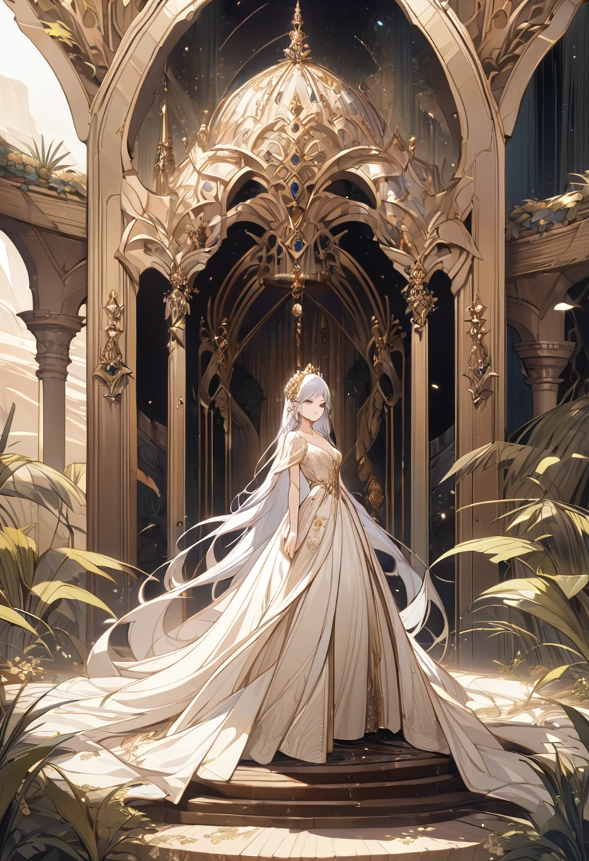  A charming and beautiful princess wearing a beige dress and a golden headdress stands in front of a desert oasis with long hair,Silver hair swaying in the wind, 

               Beige dress with gold thread decoration, flowing fabric and rich details, Sophisticated and elegant jewelry, , Delicate and luxurious art masterpiece beautiful, Intricate details, delicate and dynamic depictions of magical atmosphere, aesthetic art, precise details, fantasy art