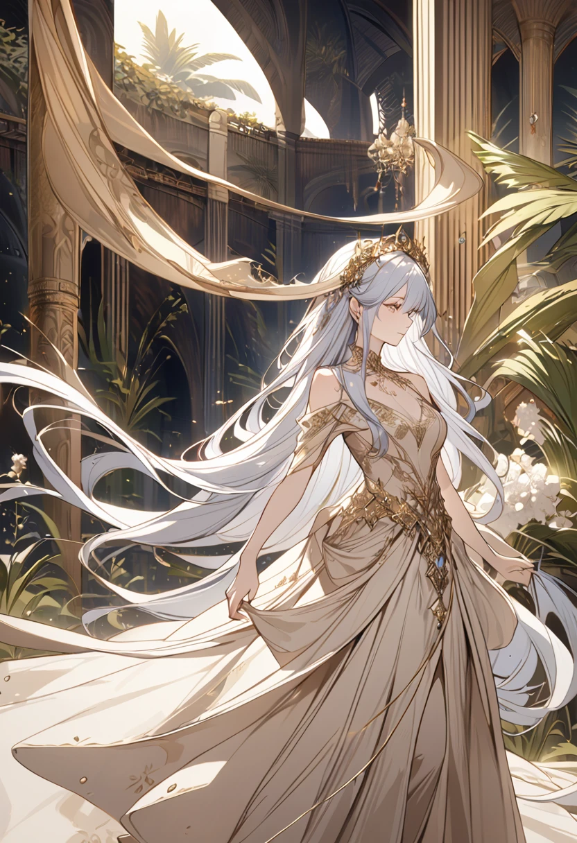  A charming and beautiful princess wearing a beige dress and a golden headdress stands in front of a desert oasis with long hair,Silver hair swaying in the wind, 

               Beige dress with gold thread decoration, flowing fabric and rich details, Sophisticated and elegant jewelry, , Delicate and luxurious art masterpiece beautiful, Intricate details, delicate and dynamic depictions of magical atmosphere, aesthetic art, precise details, fantasy art