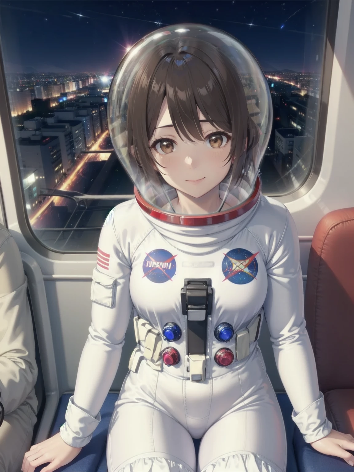 space helmet, (cinematic scene, sitting on a chair, train interior, , city view, night view: 1.5), space helmet, eva helmet, space suit, astronaut), smile bubble helmet, very detailed, speed helmet, bubble helmet, ,upper body, astronaut),eva helm, spacesuit , astronaut),girl, wearing a (spacesuit:1.15), white cargo pants, mask, kumiko oumae, (brown eyes:1.5), brown hair, short hair, wavy hair, from above