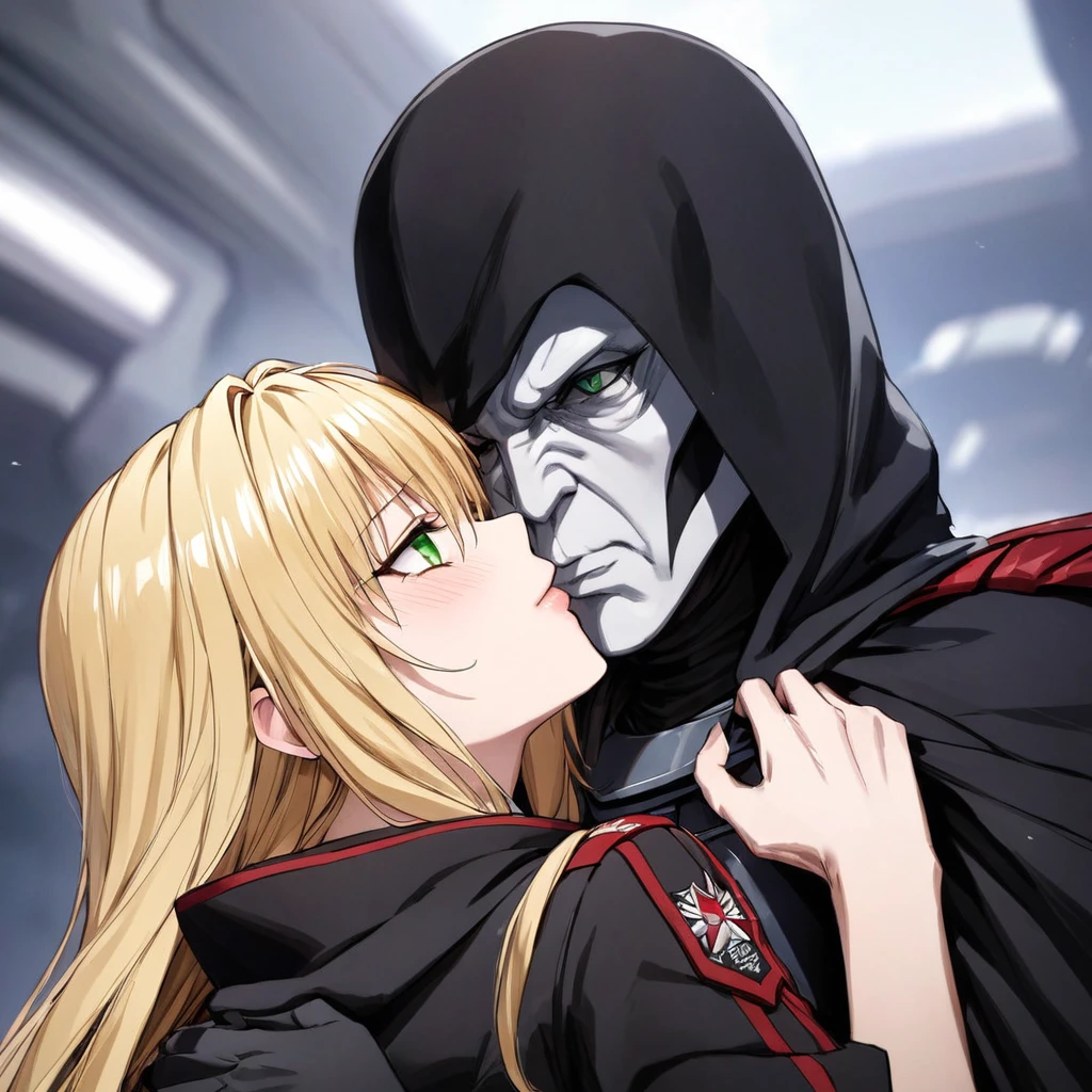 ((Highest quality)), ((masterpiece)), (detailed), （Perfect Face）、The woman is Tiare, a beautiful Space Imperial Army officer with green eyes and medium-long blonde hair, wearing a Space Imperial Army uniform and military cap.、The woman pledges her loyalty to Emperor Palpatine and embraces him, kissing him.、The woman is standing close to the Emperor, and the dignified old Emperor Palpatine is holding her close, kissing her and loving her.、The man is Darth Sidious, Emperor Palpatine, Dark Lord of the Sith, a wrinkled, dignified, ugly old man wearing a black hooded robe, embracing, kissing and fondling a woman.