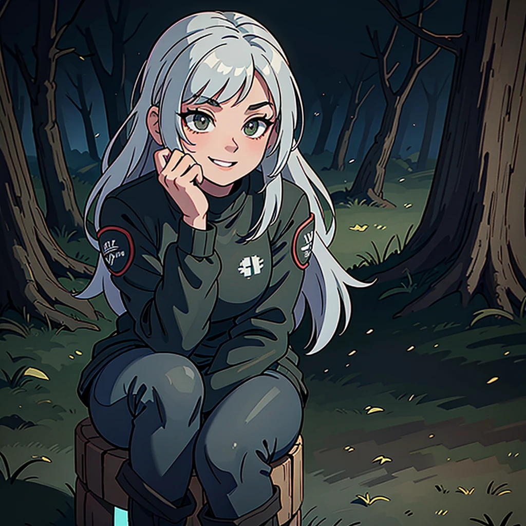 a young woman with black sweater, gray hair, camouflage pants, army boots, smiling while sitting and putting on boots in a night forest, detailed hands, detailed face, detailed eyes, photorealistic, 8k, highres, studio lighting, physically-based rendering, extremely detailed, cinematic atmosphere, moody lighting, dramatic shadows, cold color palette, dramatic pose