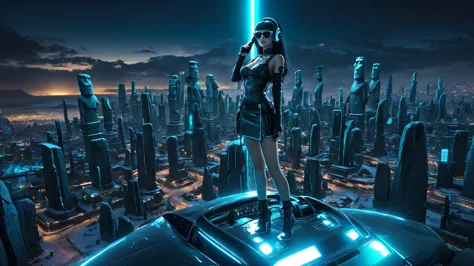 at night, dark sky, distant shot aerial view of fantasy cyberpunk style ice ((moai-statue)) city, ((flying car)). ((1girl, solo,...