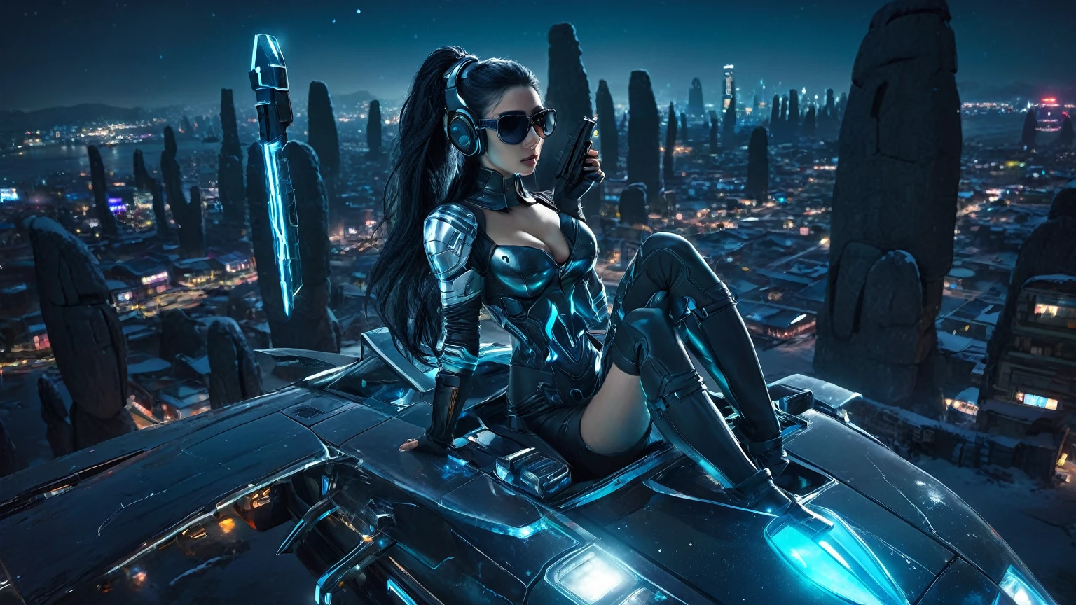 At night, dark sky, distant shot aerial view of fantasy cyberpunk style ice ((Moai-statue)) city, ((flying car)). ((1girl, solo, alone)), medium-breast:1.1 slim body, cleavage, sexy clothes, (headphone, black sunglasses, long black realistic hair), (((hip-up standing and holding pistol))), (((((half-body thigh level medium shot))))), cinematic lighting, lens flare, ray tracing.