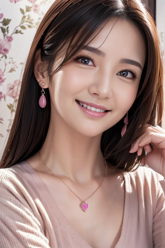 muste piece、best quality、illustration、 Super detailed、fine details、 High resolution、8K Dende Wallpaper、perfect dynamic composition、30 year old beautiful mature woman、clear、detailed face、detailed eyes、textured skin、smile、small breasts、casual wear、pink lite shirt, necklace, earings,