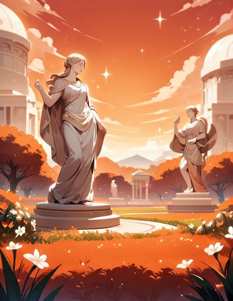 large garden with red grass, with Greek marble sculptures and some small sparkles hovering over the flowers, and an orange sky