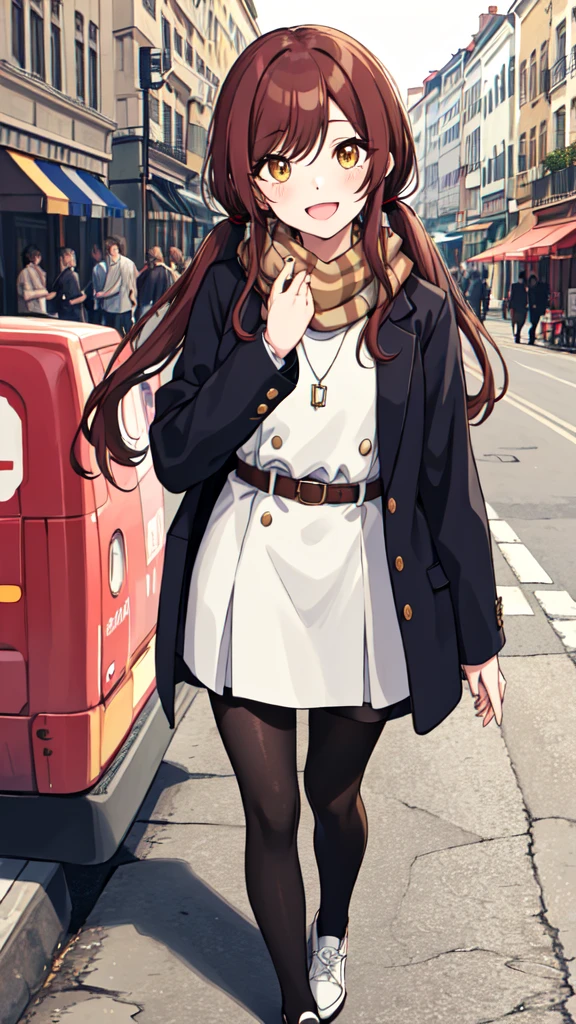 1girl, solo, osaki amana, long hair, jacket, open mouth, nail polish, jewelry, smile, twintails, looking at viewer, scarf, long sleeves, belt, brown hair, bangs, brown eyes, necklace, shirt, black shirt, swept bangs, :d, upper body, open clothes, yellow eyes, osaki amana,  (walking in the town:1.5),(outdoor:1.5),(in street:1.5),Cafeteria, Florist, Shoemaker, Florist, tailored jacket,upper body,考えてる家のリビング