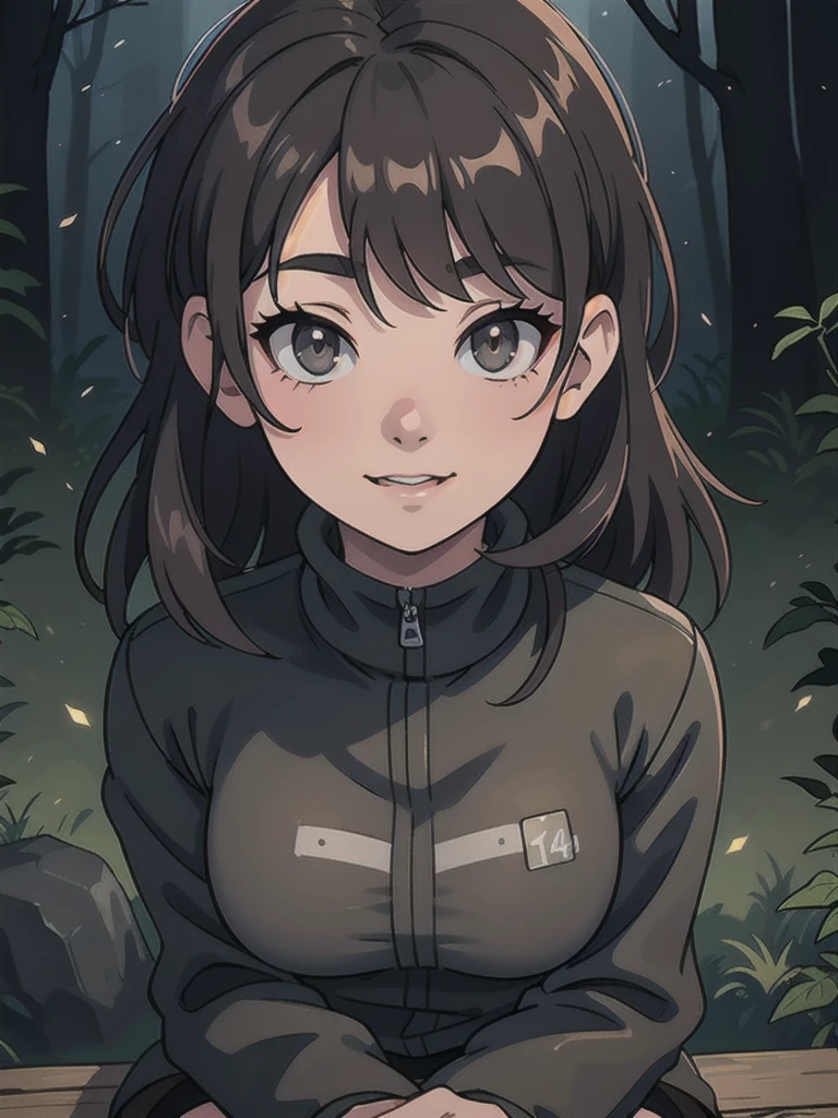 a girl in black sweater, grey camouflage pants, military boots, sitting with a smile, falling in love with the viewer, night forest, (best quality,4k,8k,highres,masterpiece:1.2),ultra-detailed,(realistic,photorealistic,photo-realistic:1.37),beautiful detailed eyes,beautiful detailed lips,extremely detailed eyes and face,longeyelashes,moody lighting,dramatic shadows,warm color tones,cinematic composition