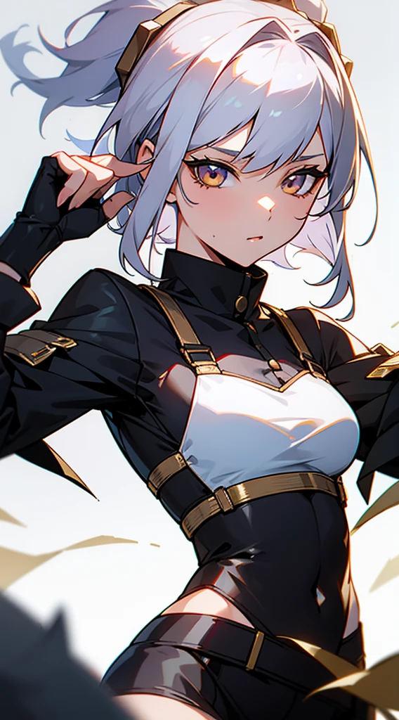 21-year old female mercenary white hair and gold eyes 