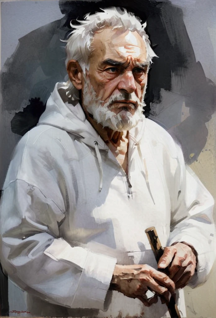 Masterpiece portrait , high quality detailed  portrait of A Lev Tolctoy Walking, a heavy look, (wrinkles thick Gray eyebrows, very much long beard, Wind dynamics, close-up ) a crutch in his hand, white hair, White Hoodie, It's hard, old age----artwork by brian stelfreeze,garmash, oil painting, epic cinematic 