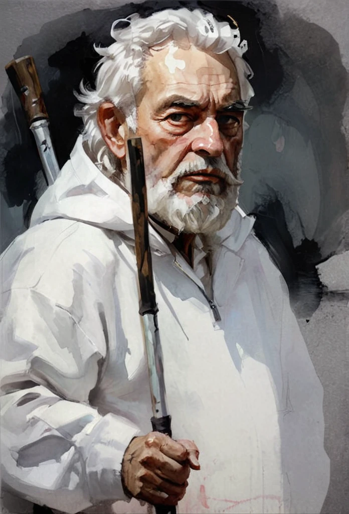 Masterpiece portrait , high quality detailed  portrait of A Lev Tolctoy Walking, a heavy look, (wrinkles thick Gray eyebrows, very much long beard, Wind dynamics, close-up ) a crutch in his hand, white hair, White Hoodie, It's hard, old age----artwork by brian stelfreeze,garmash, oil painting, epic cinematic 