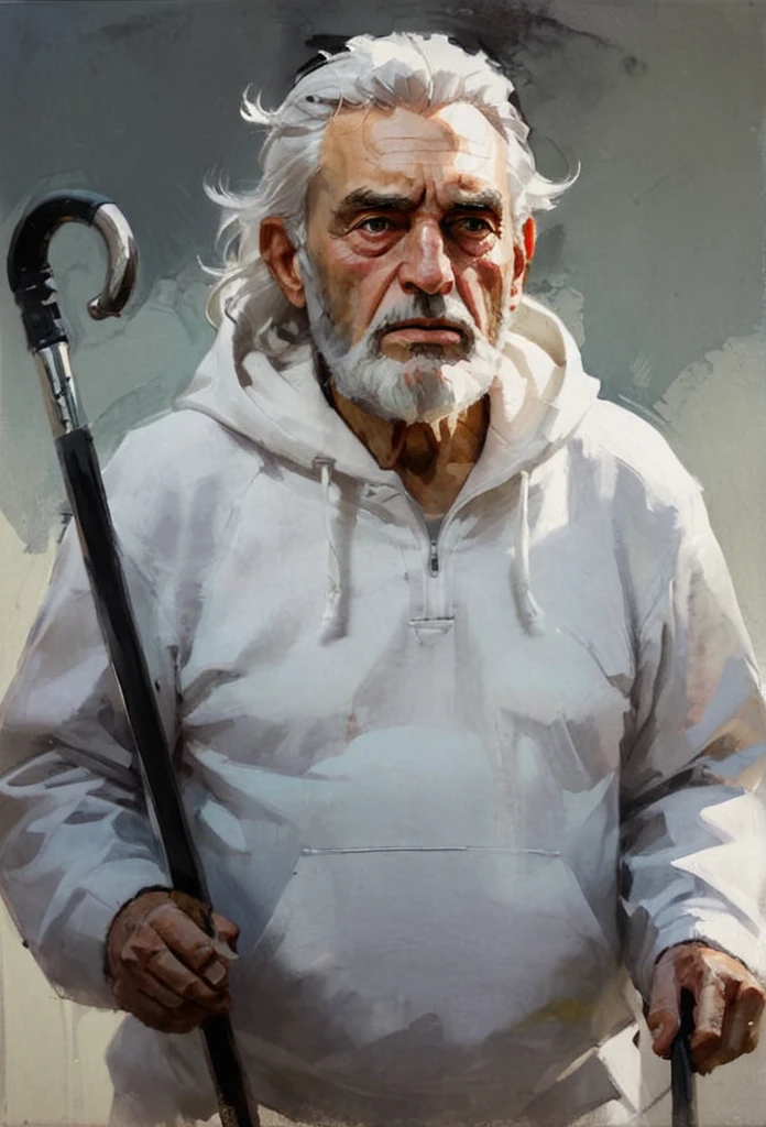 Masterpiece portrait , high quality detailed  portrait of A Lev Tolctoy Walking, a heavy look, (wrinkles thick Gray eyebrows, very much long beard, Wind dynamics, close-up ) a crutch in his hand, white hair, White Hoodie, It's hard, old age----artwork by brian stelfreeze,garmash, oil painting, epic cinematic 