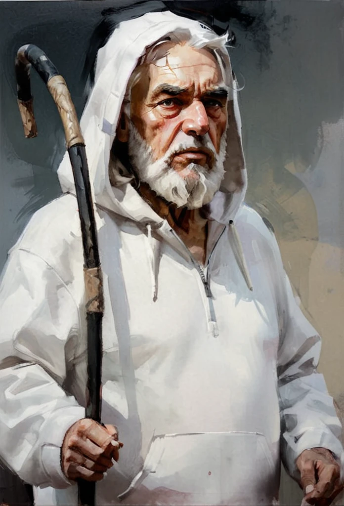 Masterpiece portrait , high quality detailed  portrait of A Lev Tolctoy Walking, a heavy look, (wrinkles thick Gray eyebrows, very much long beard, Wind dynamics, close-up ) a crutch in his hand, white hair, White Hoodie, It's hard, old age----artwork by brian stelfreeze,garmash, oil painting, epic cinematic 