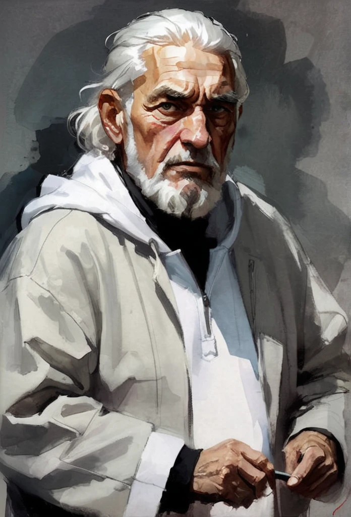 Masterpiece portrait , high quality detailed  portrait of A Lev Tolctoy Walking, a heavy look, (wrinkles thick Gray eyebrows, very much long beard, Wind dynamics, close-up ) a crutch in his hand, white hair, White Hoodie, It's hard, old age----artwork by brian stelfreeze,garmash, oil painting, epic cinematic 