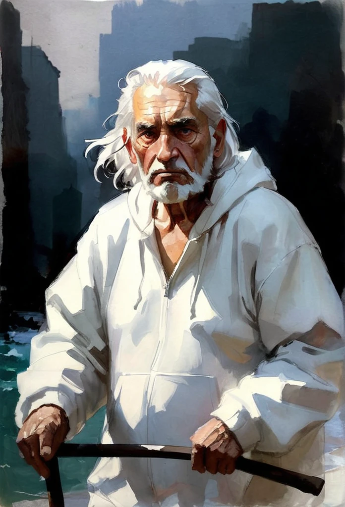 Masterpiece portrait , high quality detailed  portrait of A Lev Tolctoy Walking, a heavy look, (wrinkles thick Gray eyebrows, very much long beard, Wind dynamics, close-up ) a crutch in his hand, white hair, White Hoodie, It's hard, old age----artwork by brian stelfreeze,garmash, oil painting, epic cinematic 