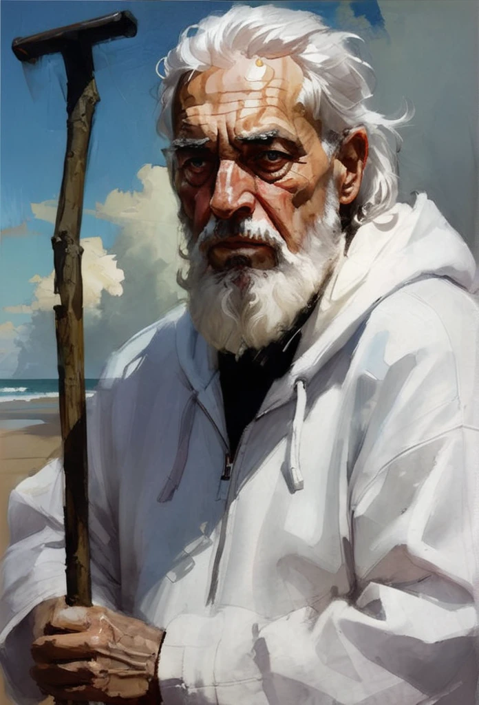 Masterpiece portrait , high quality detailed  portrait of A Lev Tolctoy Walking, a heavy look, (wrinkles thick Gray eyebrows, very much long beard, Wind dynamics, close-up ) a crutch in his hand, white hair, White Hoodie, It's hard, old age----artwork by brian stelfreeze,garmash, oil painting, epic cinematic 