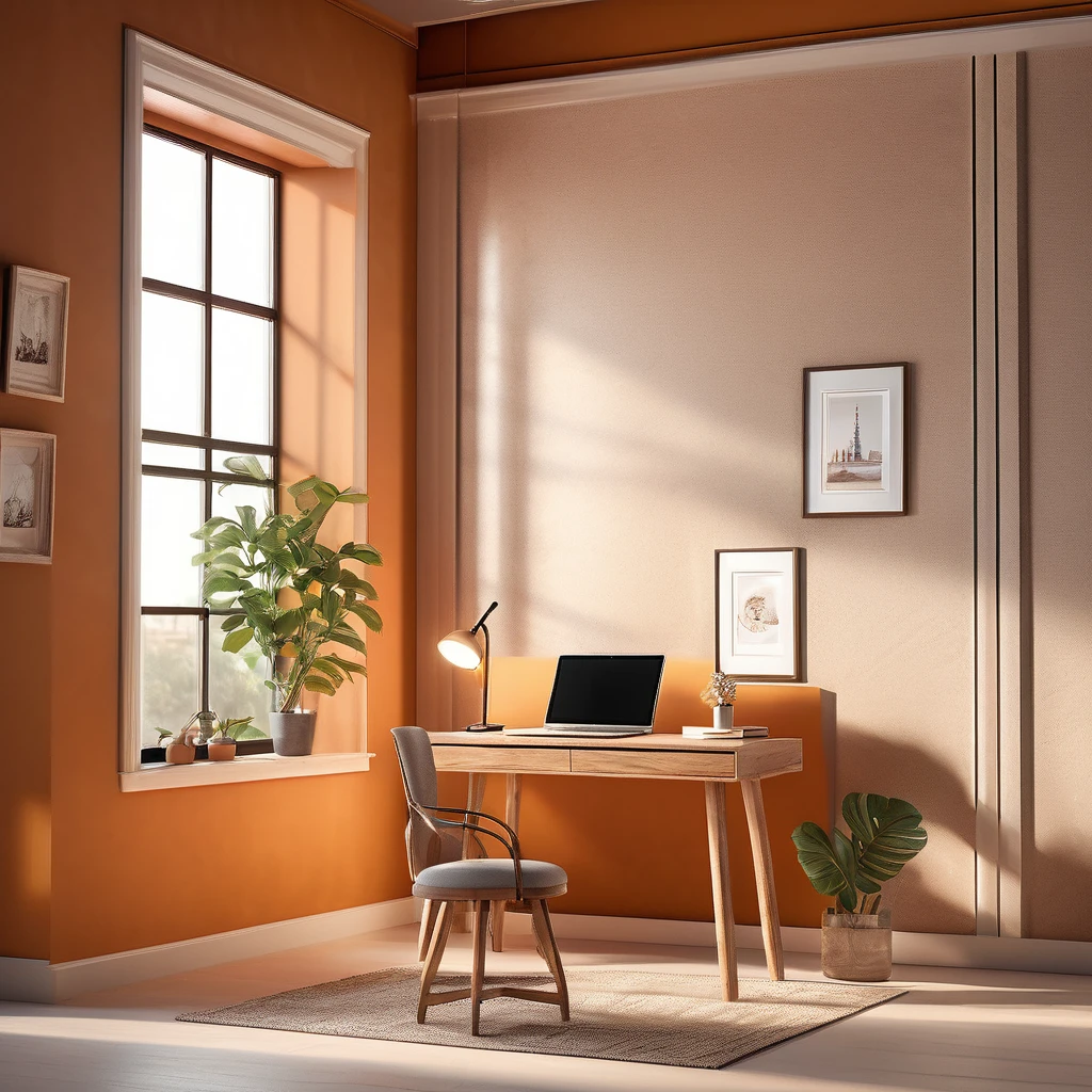 beautiful detailed interior scene, laptop computer on desk, window lighting, high quality, 8k, photorealistic, dramatic lighting, minimalist design, clean composition, still life, detailed surfaces, warm color tones, soft shadows, natural daylight, shallow depth of field, studio lighting, professional photography