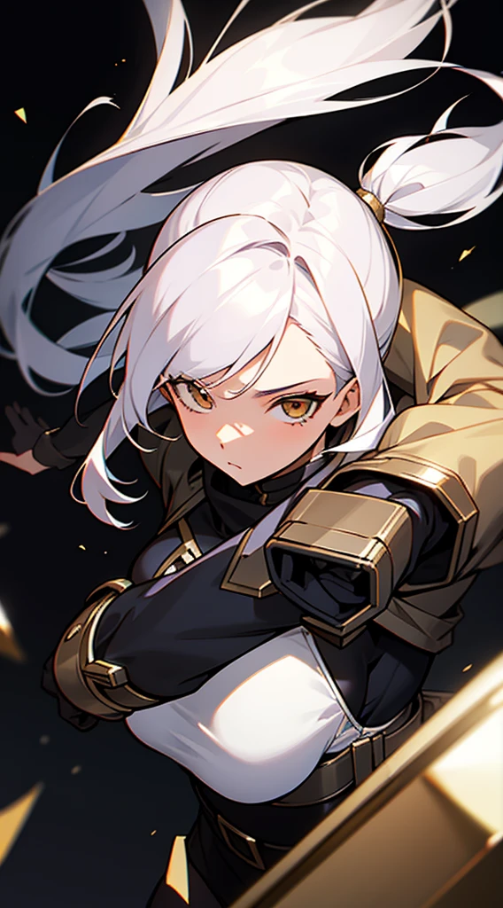 21-year old female mercenary white hair and gold eyes 