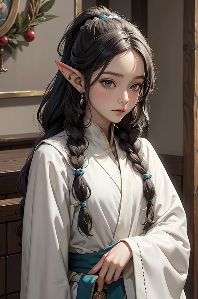 elf, young cute boy, long hair, braids, young, cute, ,medieval clothes, black and white clothes, jester, tanned skin, robe, ponytail,  portrait
